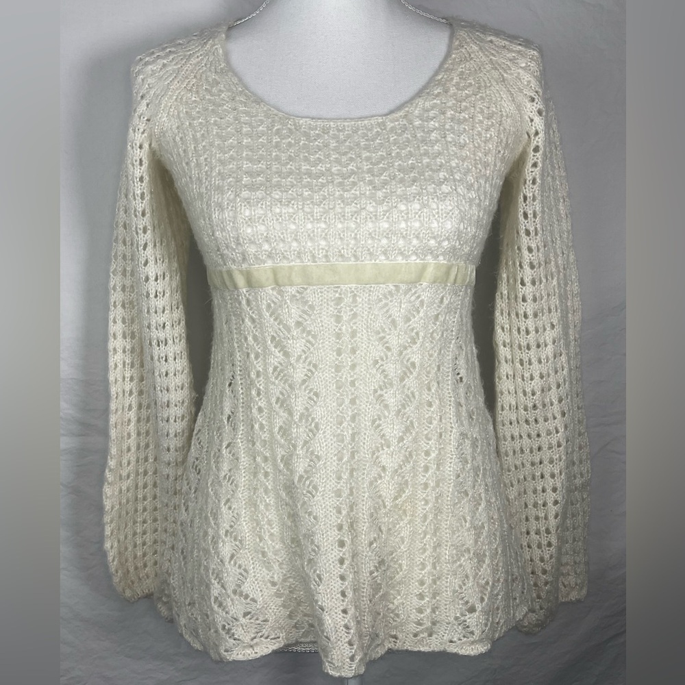 A.N.A. Crochet Sweater-Scoop Neck-S-Ivory W/Silver-Ribbon Tie